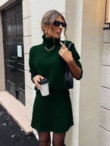 SHEIN Clasi 2pcs Women Grey Turtleneck Knit Sweater Set - Green - View 6