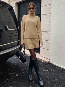 SHEIN Clasi 女士休闲时尚学院风简约纯色高领宽松套头毛衣和褶皱毛衣裙套装，秋冬 - 卡其色 - 查看 4