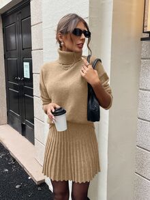 SHEIN Clasi 女士休闲时尚学院风简约纯色高领宽松套头毛衣和褶皱毛衣裙套装，秋冬 - 卡其色 - 查看 8