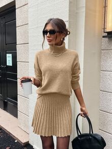 SHEIN Clasi 女士休闲时尚学院风简约纯色高领宽松套头毛衣和褶皱毛衣裙套装，秋冬 - 卡其色 - 查看 5