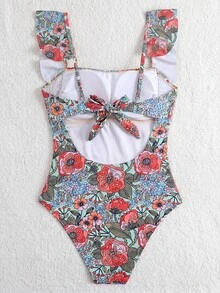 Swim Lushoire Women's Summer Beach Vacation Mature Tropical Random Floral Print Ruffle Hem Bandeau Front Twist One-Piece Swimsuit Green Tropical - Multicolor - View 5
