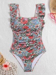 Swim Lushoire Women's Summer Beach Vacation Mature Tropical Random Floral Print Ruffle Hem Bandeau Front Twist One-Piece Swimsuit Green Tropical - Multicolor - View 4