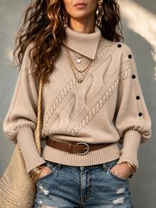 LUMIGAL Women's Cable Knit Drop Shoulder Long Sleeve Button Design Sweater - Apricot - View 4