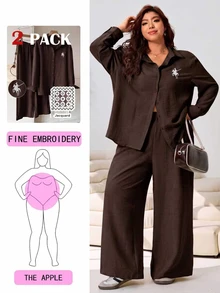 Solflare Autumn New Casual Traditional Western Shirt And Pants 2 Pieces Set For Women Plus Size Suitable For Wedding Guest Daily Wear Brown Chocolate Brown - Brown - View 1
