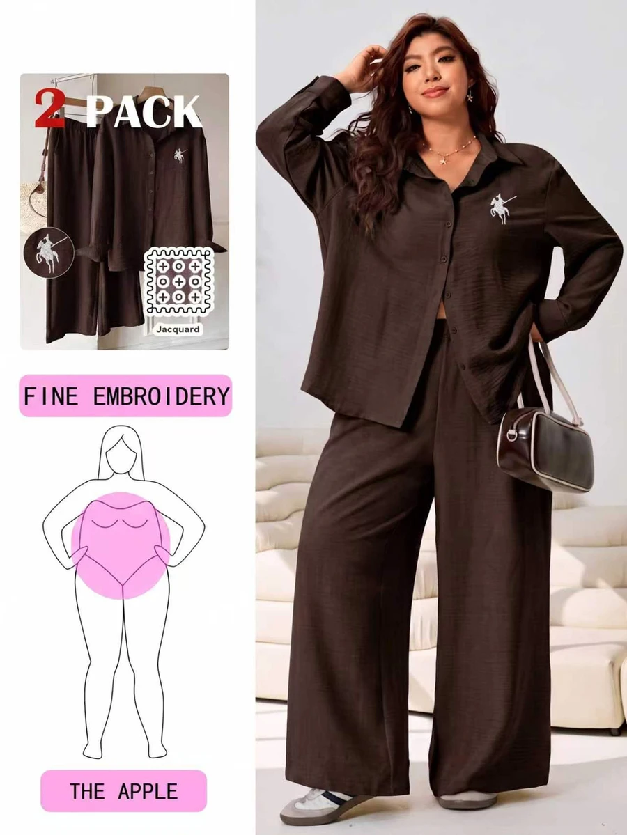 Solflare Autumn New Casual Traditional Western Shirt And Pants 2 Pieces Set For Women Plus Size Suitable For Wedding Guest Daily Wear Brown Chocolate Brown - Brown - View 1