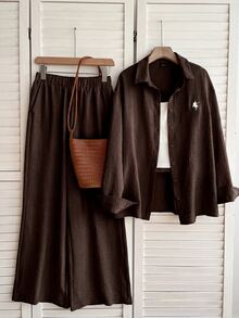 Solflare Autumn New Casual Traditional Western Shirt And Pants 2 Pieces Set For Women Plus Size Suitable For Wedding Guest Daily Wear Brown Chocolate Brown - Brown - View 2