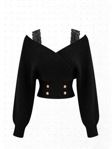 LUMIGAL Women's Lace Patchwork Casual Versatile Daily Long Sleeve Sweater - Black - View 5