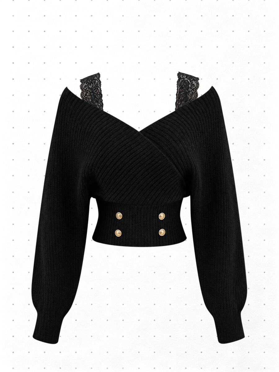 GlowEve Women's Lace Patchwork Casual Versatile Daily Long Sleeve Sweater