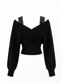LUMIGAL Women's Lace Patchwork Casual Versatile Daily Long Sleeve Sweater - Black - View 3