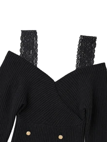LUMIGAL Women's Lace Patchwork Casual Versatile Daily Long Sleeve Sweater - Black - View 6