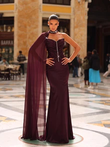 Glamrae Elegant Plum Purple Satin Mesh Rhinestone Ruched Sweetheart One Shoulder Cape Corset Mermaid Floor Length Evening Gown Formal Wedding Guest Prom Dress - Dark Purple - View 5