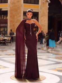 Glamrae Elegant Plum Purple Satin Mesh Rhinestone Ruched Sweetheart One Shoulder Cape Corset Mermaid Floor Length Evening Gown Formal Wedding Guest Prom Dress - Dark Purple - View 1