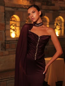 Glamrae Elegant Plum Purple Satin Mesh Rhinestone Ruched Sweetheart One Shoulder Cape Corset Mermaid Floor Length Evening Gown Formal Wedding Guest Prom Dress - Dark Purple - View 4