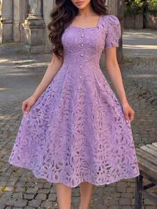 Modelyn Women's French Lace Elegant Waist-Defining Long Dress - Purple - View 3