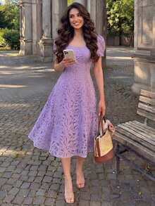 Modelyn Women's French Lace Elegant Waist-Defining Long Dress - Purple - View 5