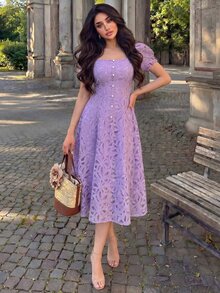 Modelyn Women's French Lace Elegant Waist-Defining Long Dress - Purple - View 1