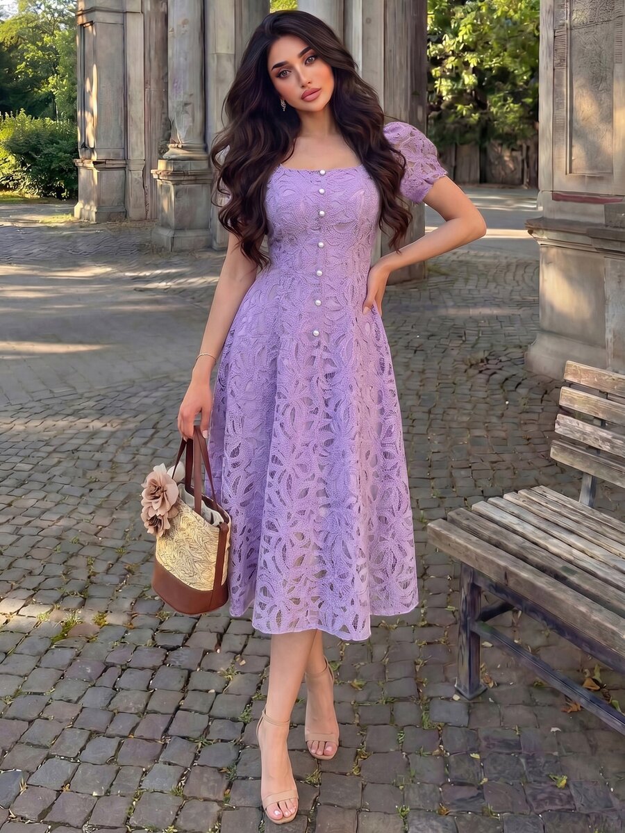 Modelyn Women's French Lace Elegant Waist-Defining Long Dress - Purple - View 1