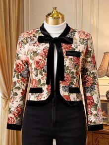 Rometta Jaket Ukuran Besar Musim Semi/Gugur Elegan Gaya Vintage 1920-an dengan Tekstur Benang Berwarna Romantis dan Trim Beludru, Lengan Pendek Panjang, Leher Bulat, untuk Tamu Pernikahan dan Koktail, Warna Beige - MultiWarna - View 4