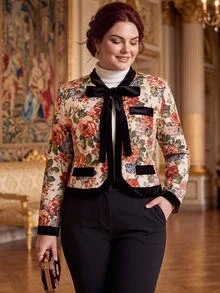 Rometta Jaket Ukuran Besar Musim Semi/Gugur Elegan Gaya Vintage 1920-an dengan Tekstur Benang Berwarna Romantis dan Trim Beludru, Lengan Pendek Panjang, Leher Bulat, untuk Tamu Pernikahan dan Koktail, Warna Beige - MultiWarna - View 8