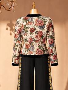 Rometta Jaket Ukuran Besar Musim Semi/Gugur Elegan Gaya Vintage 1920-an dengan Tekstur Benang Berwarna Romantis dan Trim Beludru, Lengan Pendek Panjang, Leher Bulat, untuk Tamu Pernikahan dan Koktail, Warna Beige - MultiWarna - View 2