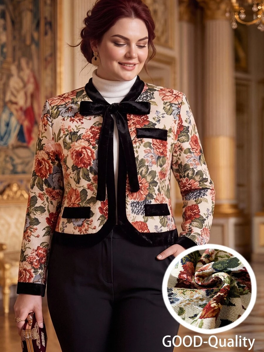 Rometta Jaket Ukuran Besar Musim Semi/Gugur Elegan Gaya Vintage 1920-an dengan Tekstur Benang Berwarna Romantis dan Trim Beludru, Lengan Pendek Panjang, Leher Bulat, untuk Tamu Pernikahan dan Koktail, Warna Beige - MultiWarna - View 1