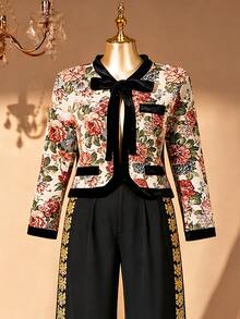 Rometta Jaket Ukuran Besar Musim Semi/Gugur Elegan Gaya Vintage 1920-an dengan Tekstur Benang Berwarna Romantis dan Trim Beludru, Lengan Pendek Panjang, Leher Bulat, untuk Tamu Pernikahan dan Koktail, Warna Beige - MultiWarna - View 3