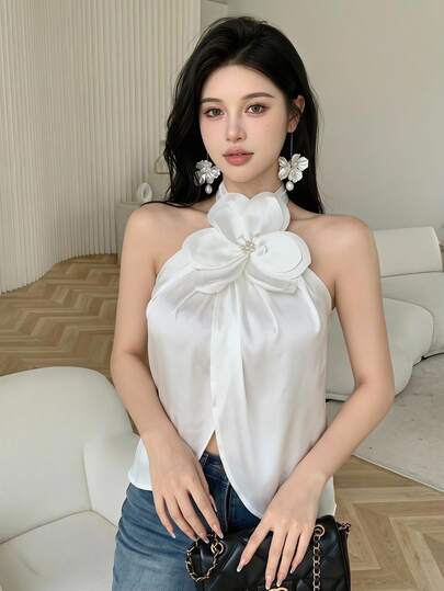Feyla Women's White Elegant Pearl Flower Halter Satin Top,3D Floral Applique Choker-Neck Blouse For Summer,Party,Evening & Bridal,Classy Y2K Camisole