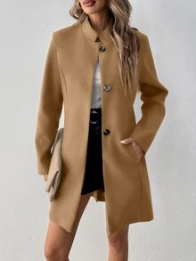 SHEIN LUNE Button-Up Fitted Long Sleeve Women Jacket Fall Winter Cloth For Women - Khaki - View 3