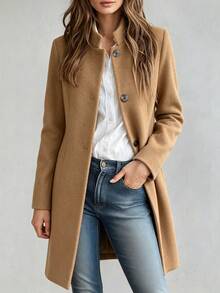 SHEIN LUNE Button-Up Fitted Long Sleeve Women Jacket Fall Winter Cloth For Women - Khaki - View 8