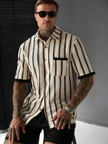 SLATEMANN Men's Casual Striped Patchwork Shirt Set - Multicolor - View 1