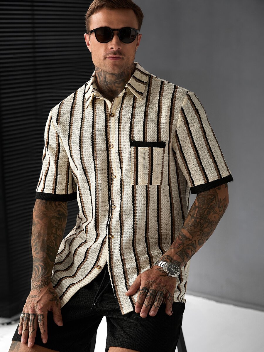 SLATEMANN Men's Casual Striped Patchwork Shirt Set - Multicolor - View 1
