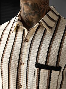 SLATEMANN Men's Casual Striped Patchwork Shirt Set - Multicolor - View 5