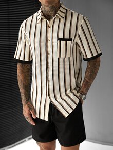 SLATEMANN Men's Casual Striped Patchwork Shirt Set - Multicolor - View 7
