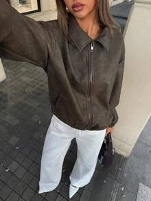 Aloruh 女款秋季 PU 夾克 水洗皮革復古街頭休閒街頭風 日常旅行 深褐色 - 棕色 - 查看 5