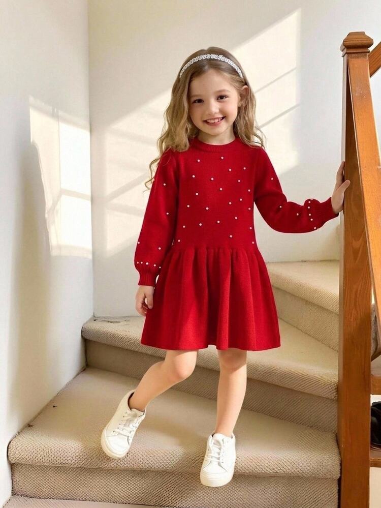 SHEIN Young Girls Sweater Dresses, Fashionable Cute Round Neck Regular Fit Cartoon Knit Dress, Soft And Comfortable, Suitable For Spring, Autumn, Winter, Daily Wear, Travel, Vacation, Daycare, And Play - Red - View 1