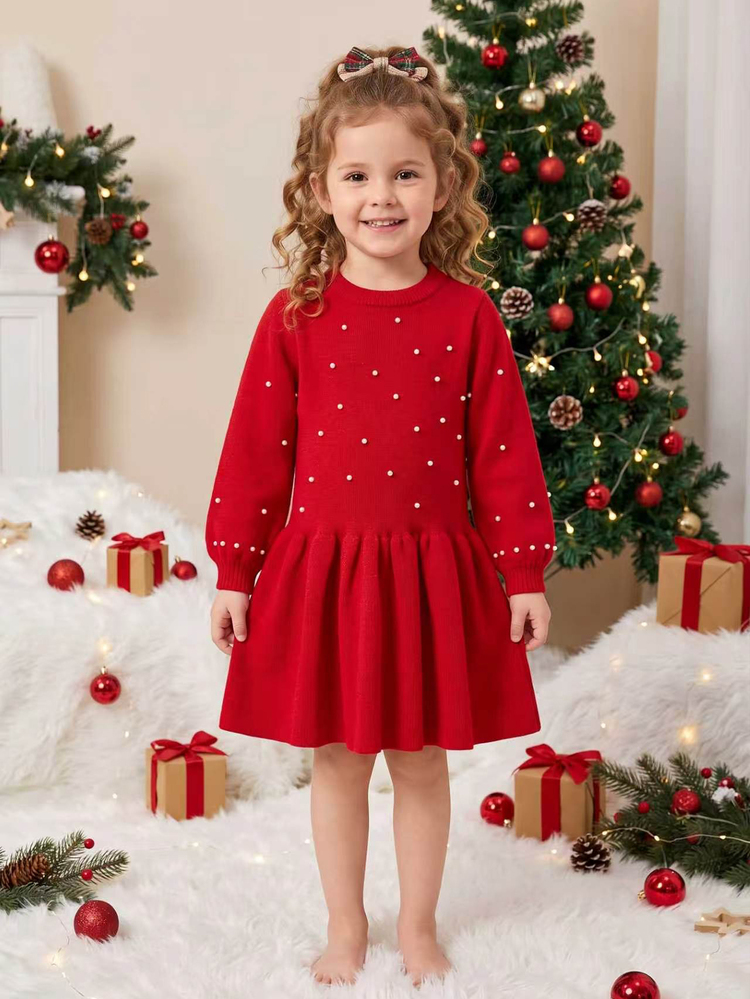 SHEIN Young Girls Sweater Dresses, Fashionable Cute Round Neck Regular Fit Cartoon Knit Dress, Soft And Comfortable, Suitable For Spring, Autumn, Winter, Daily Wear, Travel, Vacation, Daycare, And Play - Red - View 6