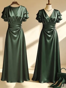 Fine & Folde 春夏新款女款收腰優雅中長洋裝，女款優雅洋裝，女款夏季長洋裝，女款夏季洋裝，女款夏季服飾，女款生日洋裝，女款婚禮賓客洋裝，女款情人節服飾，女款生日洋裝，女款簡約性感交叉V領裝飾鈕扣無內襯緊身洋裝，絲綢洋裝，緞面緊身洋裝，香檳色緞面洋裝，長款派對洋裝，優雅絲綢洋裝，奢華洋裝，女神風洋裝 - 軍綠色 - 查看 1
