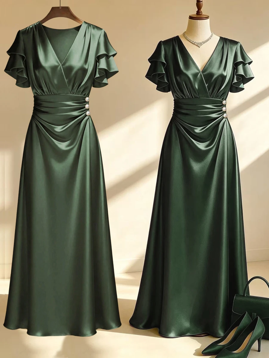 Fine & Folde 春夏新款女款收腰優雅中長洋裝，女款優雅洋裝，女款夏季長洋裝，女款夏季洋裝，女款夏季服飾，女款生日洋裝，女款婚禮賓客洋裝，女款情人節服飾，女款生日洋裝，女款簡約性感交叉V領裝飾鈕扣無內襯緊身洋裝，絲綢洋裝，緞面緊身洋裝，香檳色緞面洋裝，長款派對洋裝，優雅絲綢洋裝，奢華洋裝，女神風洋裝 - 軍綠色 - 查看 1
