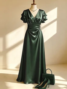 Fine & Folde 春夏新款女款收腰優雅中長洋裝，女款優雅洋裝，女款夏季長洋裝，女款夏季洋裝，女款夏季服飾，女款生日洋裝，女款婚禮賓客洋裝，女款情人節服飾，女款生日洋裝，女款簡約性感交叉V領裝飾鈕扣無內襯緊身洋裝，絲綢洋裝，緞面緊身洋裝，香檳色緞面洋裝，長款派對洋裝，優雅絲綢洋裝，奢華洋裝，女神風洋裝 - 軍綠色 - 查看 7