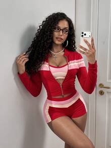 BamGleam 女款街頭風性感撞色拉鍊開襟衫與細肩帶背心短褲套裝，秋季女裝，適合健身居家，粉色條紋 - 彩色 - 查看 2
