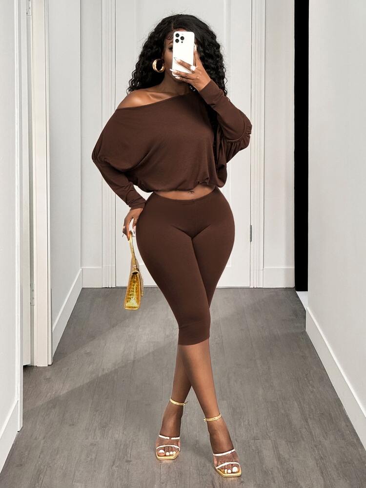 BamGleam Sexy Casual Asymmetric-Shoulder Cinched Waist Long Sleeve Crop Top And Pants Set Night Out Everyday Lounge Club Night Out Shades Of Brown Fall - Coffee Brown - View 8
