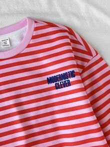 SHEIN 兒童青少年女孩抓絨內裡粉色條紋字母印花長袖運動衫，秋季上衣返校穿搭，白色上衣，長袖上衣，秋季穿搭 - 粉色 - 查看 6