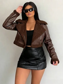 BamGleam 女款秋冬時尚保暖內裡短版夾克 深棕色 街頭風 日常與夜生活穿搭 - 巧克力棕 - 查看 4