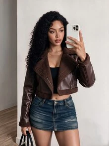BamGleam 女款秋冬時尚保暖內裡短版夾克 深棕色 街頭風 日常與夜生活穿搭 - 巧克力棕 - 查看 5
