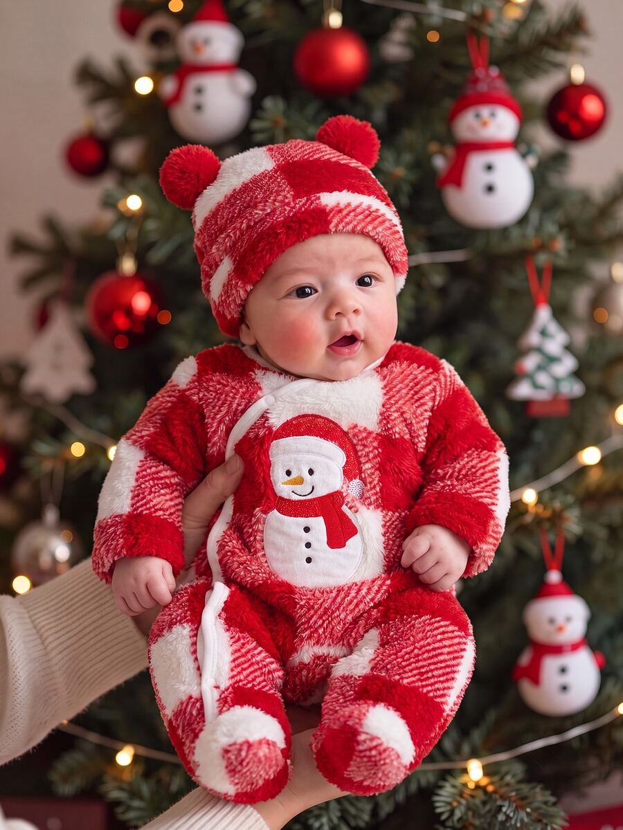 聖誕新生兒套裝,秋冬毛絨風睡衣,柔軟舒適嬰兒男童女童連身衣,胸前可愛精緻雪人刺繡配圍巾,休閒簡約長袖連腳連身衣,附可愛熊耳帽,2件套居家服 - 紅色 - 查看 1