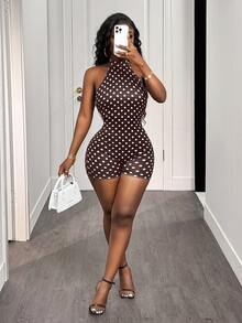 BamGleam Brown And White Polka Dot Print Backless Halter Neck Fitted Romper Night Out 90s Party Summer 70s Retro - Brown - View 7