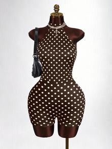 BamGleam Brown And White Polka Dot Print Backless Halter Neck Fitted Romper Night Out 90s Party Summer 70s Retro - Brown - View 9