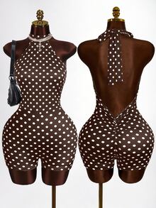 BamGleam Brown And White Polka Dot Print Backless Halter Neck Fitted Romper Night Out 90s Party Summer 70s Retro - Brown - View 10