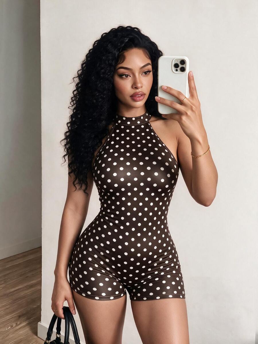BamGleam Brown And White Polka Dot Print Backless Halter Neck Fitted Romper Night Out 90s Party Summer 70s Retro