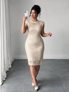 Elenzga 大尺碼女款短袖修身睫毛蕾絲飾邊優雅洋裝 - 杏色 - 查看 6